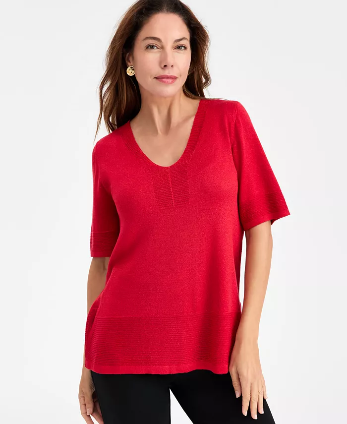Women's V-Neck Short-Sleeve Lurex Shine Sweater