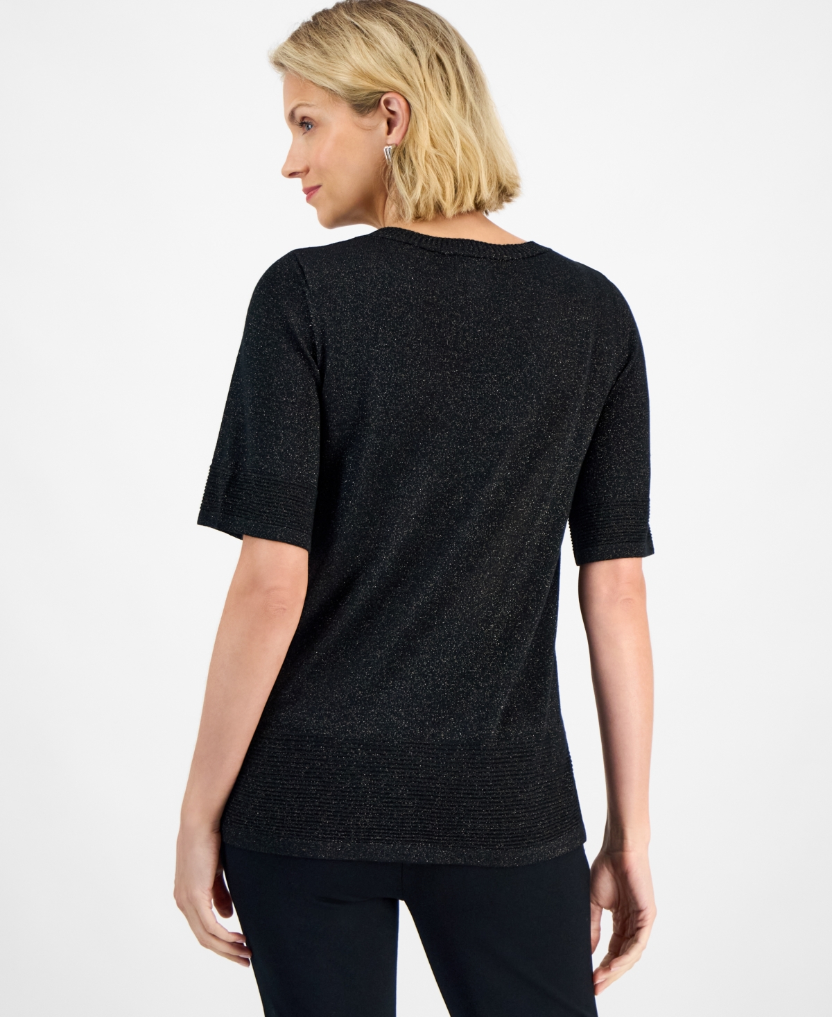 Jm Collection Women's V-neck Short-sleeve Lurex Shine Sweater, Exclusively At Macy's In Black