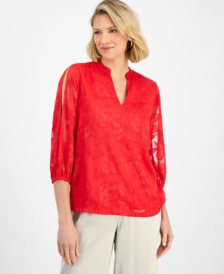 JM Collection - Women's Novelty Jacquard Split-Sleeve Blouse