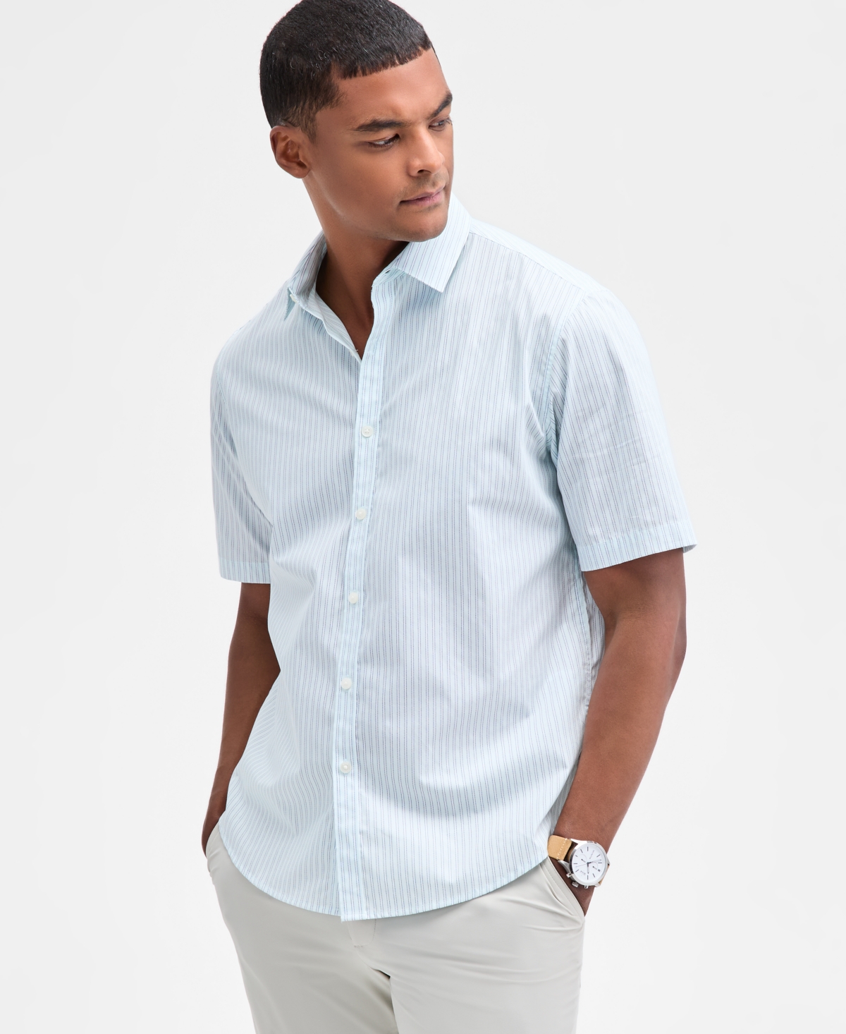 Alfani Men's Short Sleeve Striped Poplin Button-Front Shirt, Macy's Exclusive