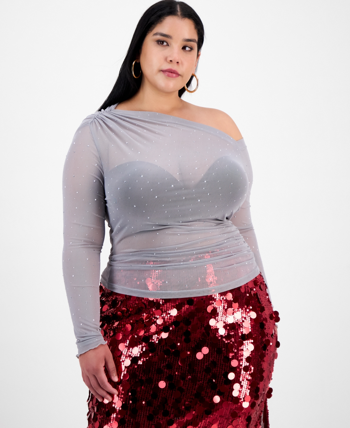 Bar Iii Trendy Plus Embellished Off-Shoulder Mesh Top, Macy's Exclusive