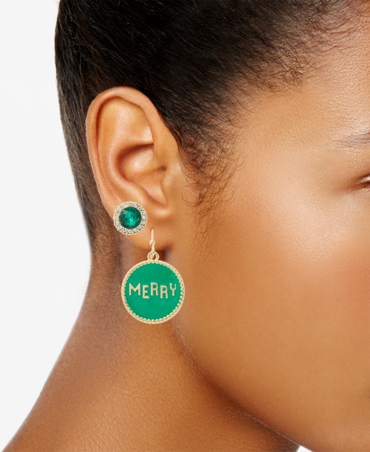 Holiday Lane Gold-tone 2-pc. Set Green Merry Stud & Drop Earrings In Green