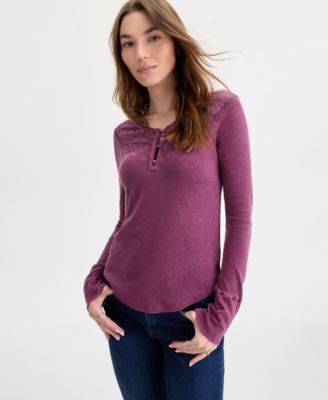 Women's Lace-Yoke Long-Sleeve Henley Top