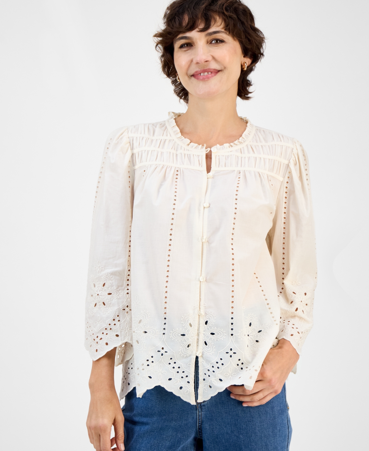 Style & Co Women's Cotton Ruched 3/4-Sleeve Eyelet Top, Macy's Exclusive