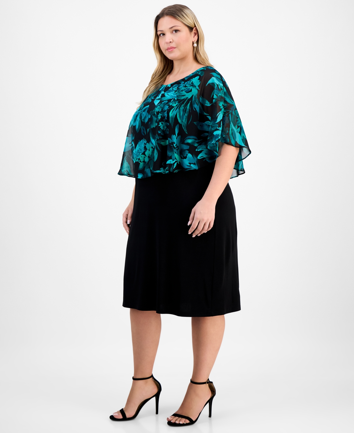 Connected Plus Size Short-sleeve Cape Overlay Jersey Dress In Multi
