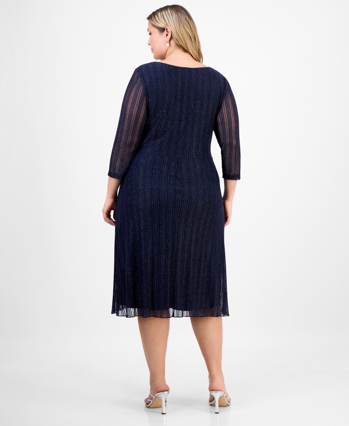 Connected Plus Size Mesh Long-sleeve Round-neck Dress In Blue