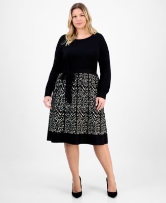 Robbie Bee - Plus Size Long-Sleeve Combo Skirt Sweater Dress