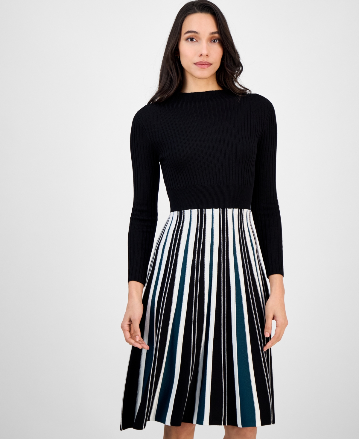Robbie Bee Petite Long-sleeve Pleated-skirt Sweater Dress In Black
