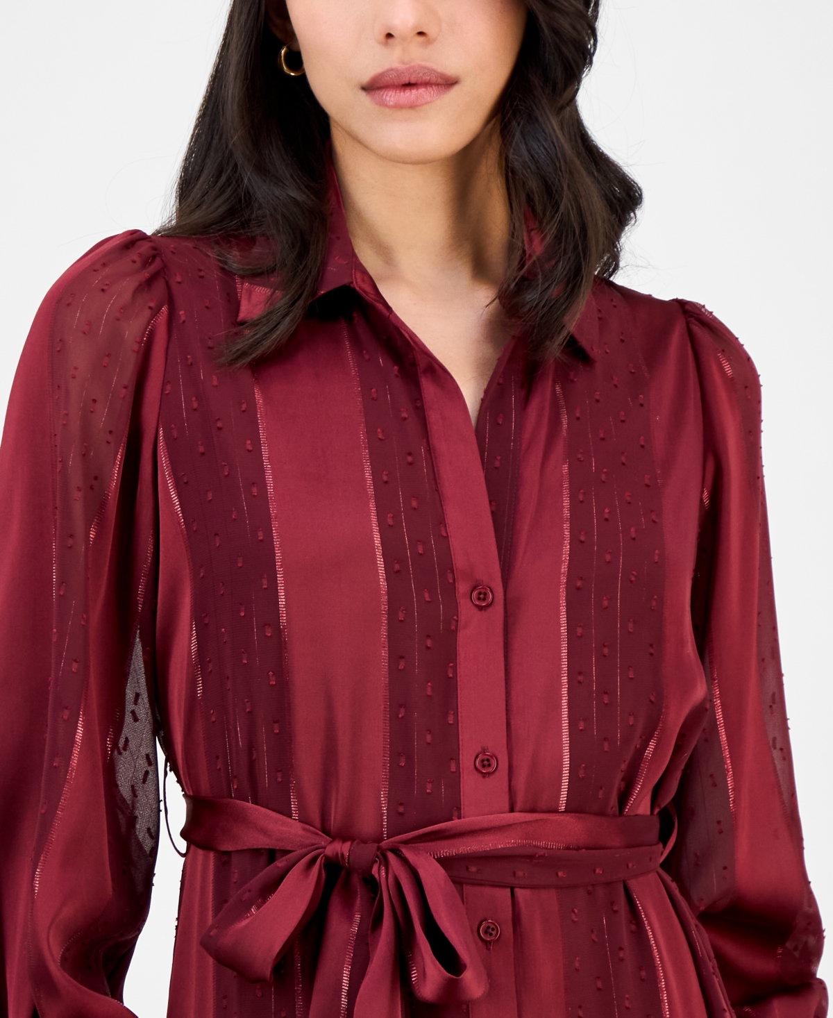 Robbie Bee Petite Satin Stripe Tie-waist Shirtdress In Brown