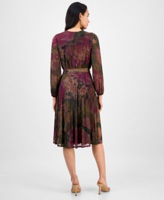 Petite Long-Sleeve Printed Mesh Midi Dress