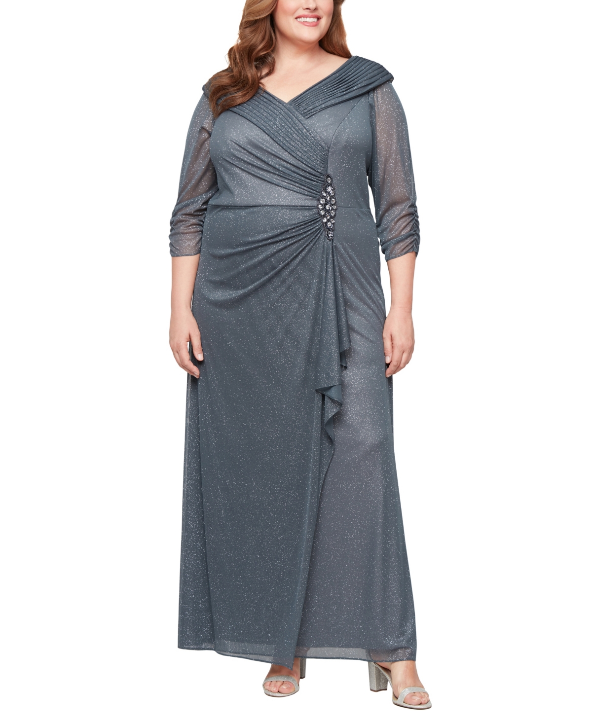 Alex Evenings Glitter Portrait Collar Gown In Gray