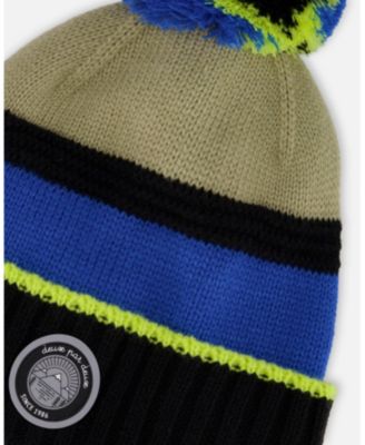 Boy Lined Knit Pompom Hat Black, Taupe and Lime Green - Toddler|Child