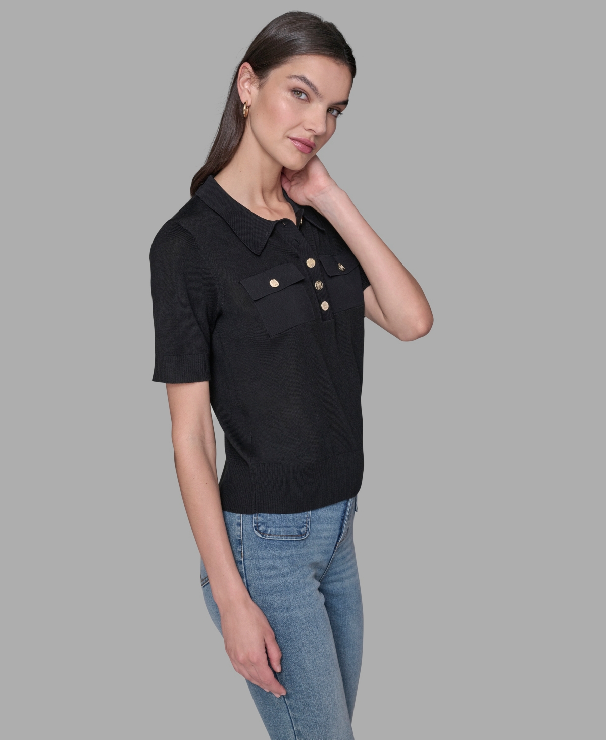 Karl Lagerfeld Women's Short-sleeve Button-front Sweater In Black