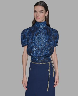 KARL LAGERFELD PARIS - Women's Metallic Printed Puff-Sleeve Blouse