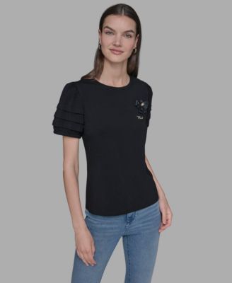 KARL LAGERFELD PARIS - Women's K-Pin Puff-Sleeve Crewneck Top