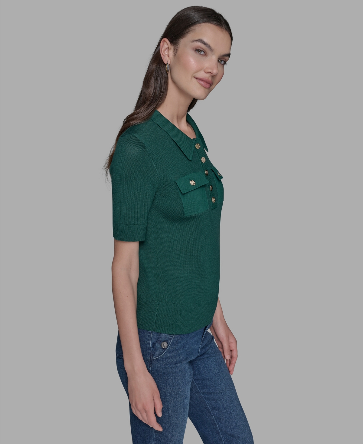 Karl Lagerfeld Women's Short-sleeve Button-front Sweater In Green