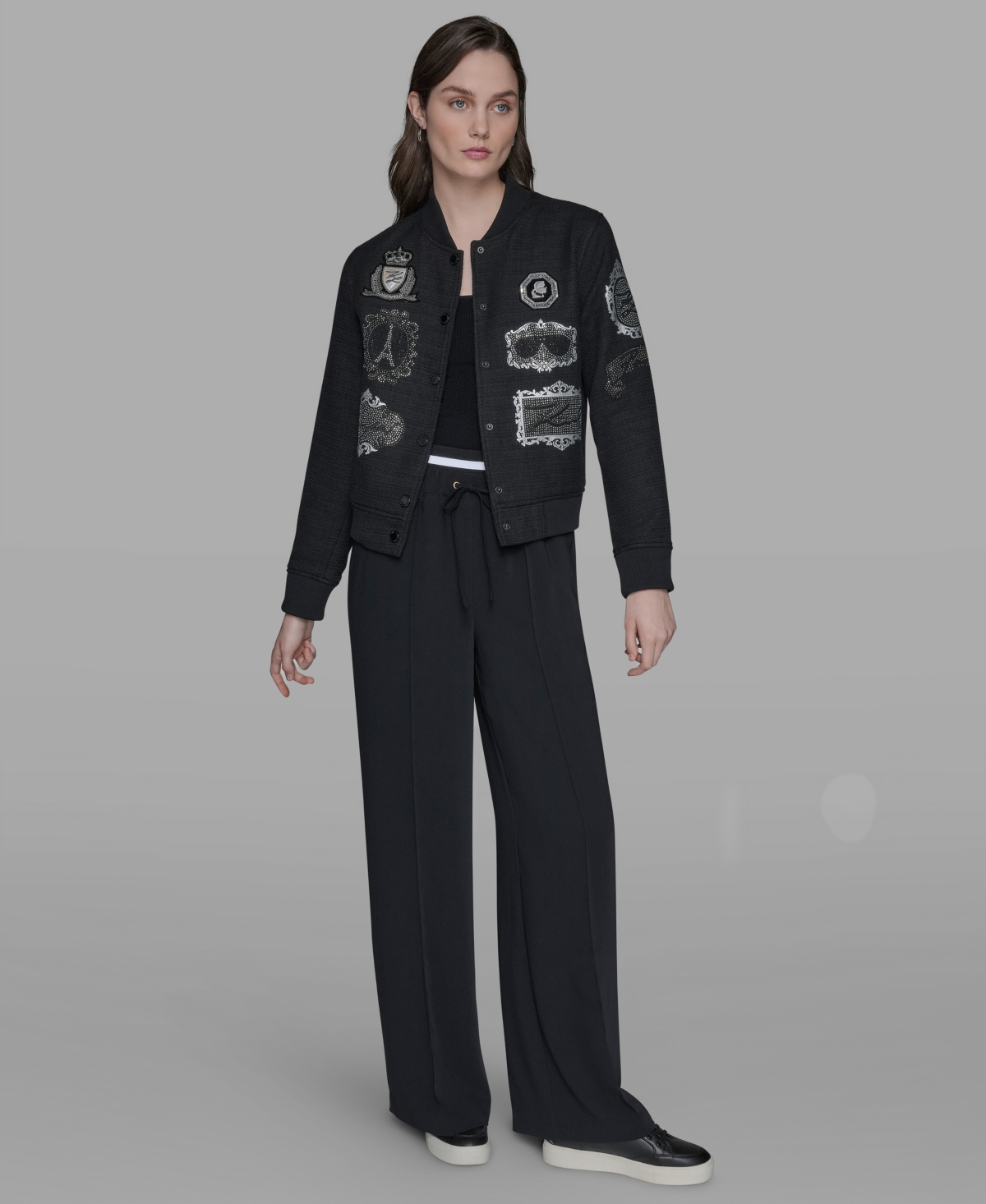 Karl Lagerfeld Women's Patch Long Sleeve Bomber Jacket In Black
