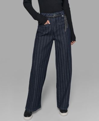 Women's Striped Denim Belted Wide-Leg Pants