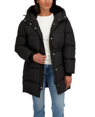 Women's 3/4 Cozy Lined Hooded Puffer Coat With Drawstring Waist