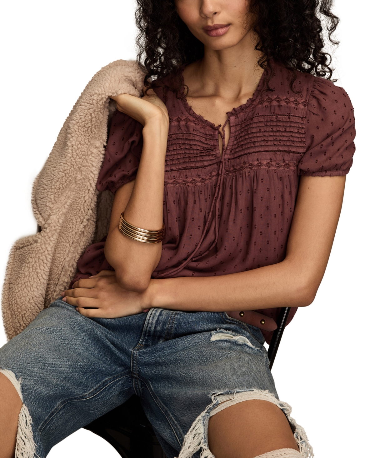 Lucky Brand Clip Dot Short Sleeve Top In Brown