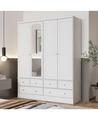 Luxury white 4-door 6-drawer wardrobe with mirror, bedroom Armoire, Closet