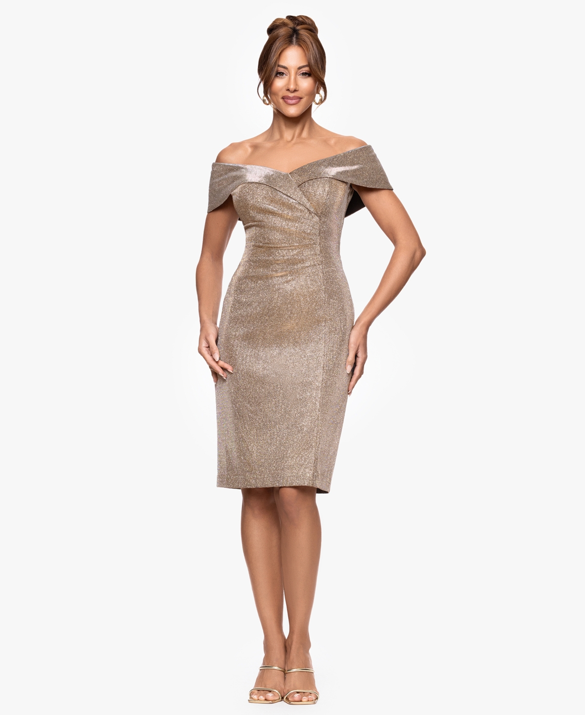 Xscape Women's Galaxy Ruched Off The Shoulder Short Dress In Brown