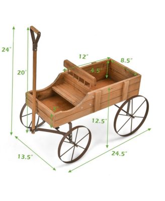 Garden Plant Planter Wooden Wagon Planter W/ Wheel Garden Yard