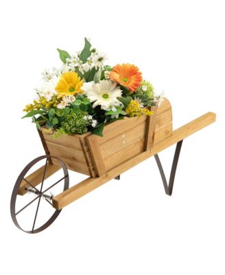 Wooden Wagon Planter Decorative Indoor/ Outdoor Rustic Flower Cart w/ Wheel
