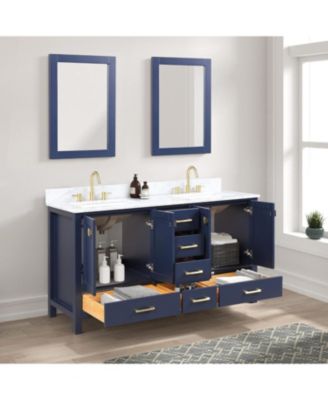 Geneva 60-Inch Double Bathroom Vanity in Navy Blue – Solid Wood Cabinet with Marble Countertop and Ceramic Undermount Sink