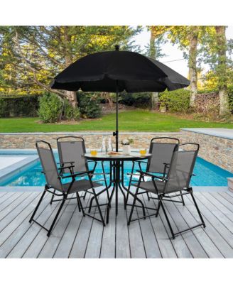6PCS Patio Garden Dining Set w/ Round Table & 4 Folding Chairs &  Umbrella