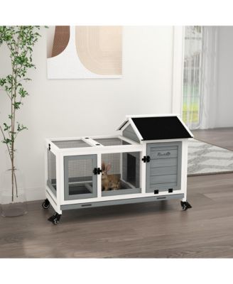 Wooden Rabbit Hutch with Wheels for Small Animals, Guinea Pig,