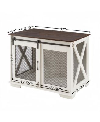 White Farmhouse Dog Kennel End Table with Barn Door Flip Top and Divider