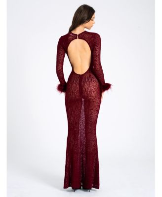 Women's Patricia Burgundy Leopard Burnout Velvet Mesh Backless Maxi Dress