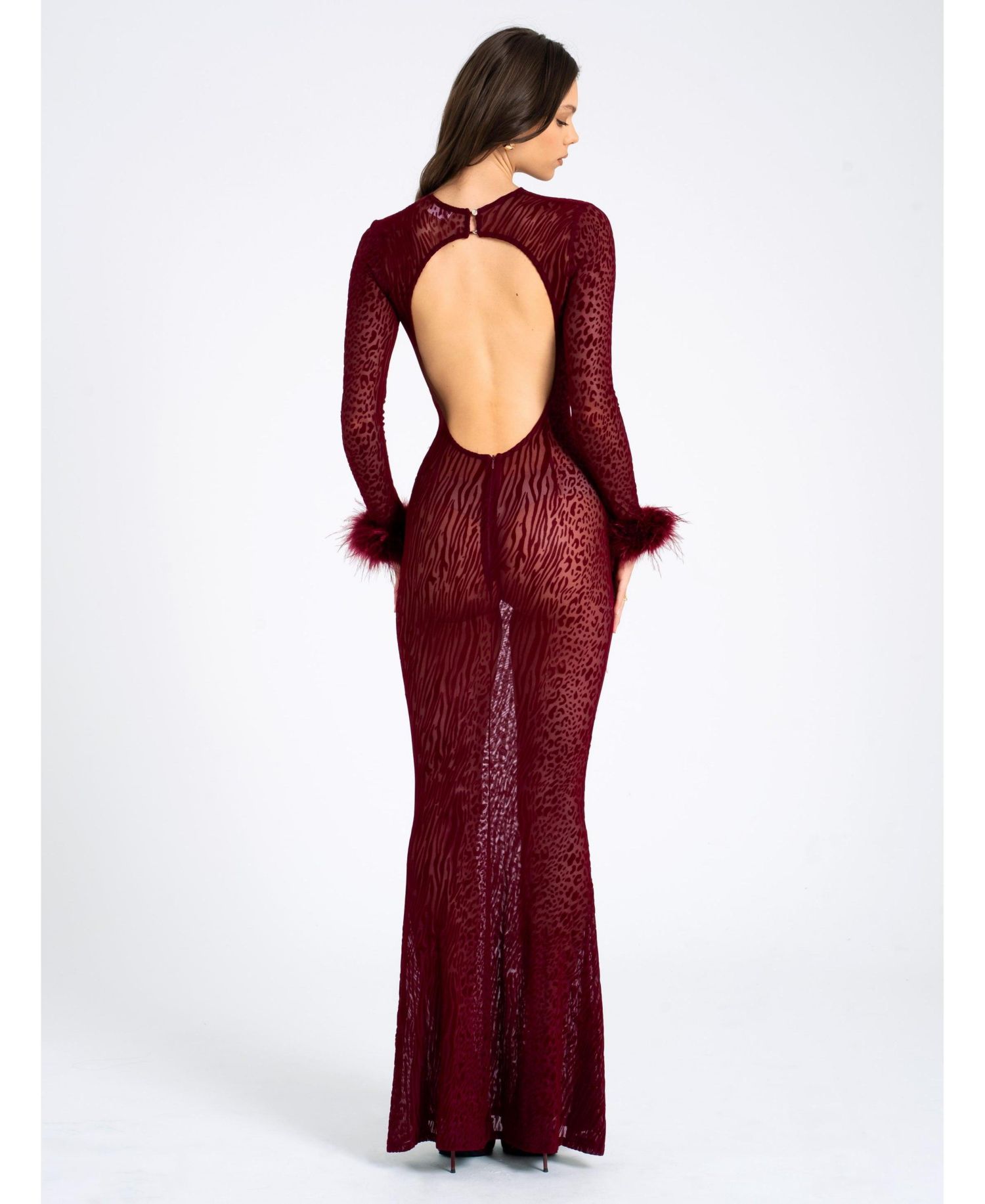 Women's Patricia Burgundy Leopard Burnout Velvet Mesh Backless Maxi Dress