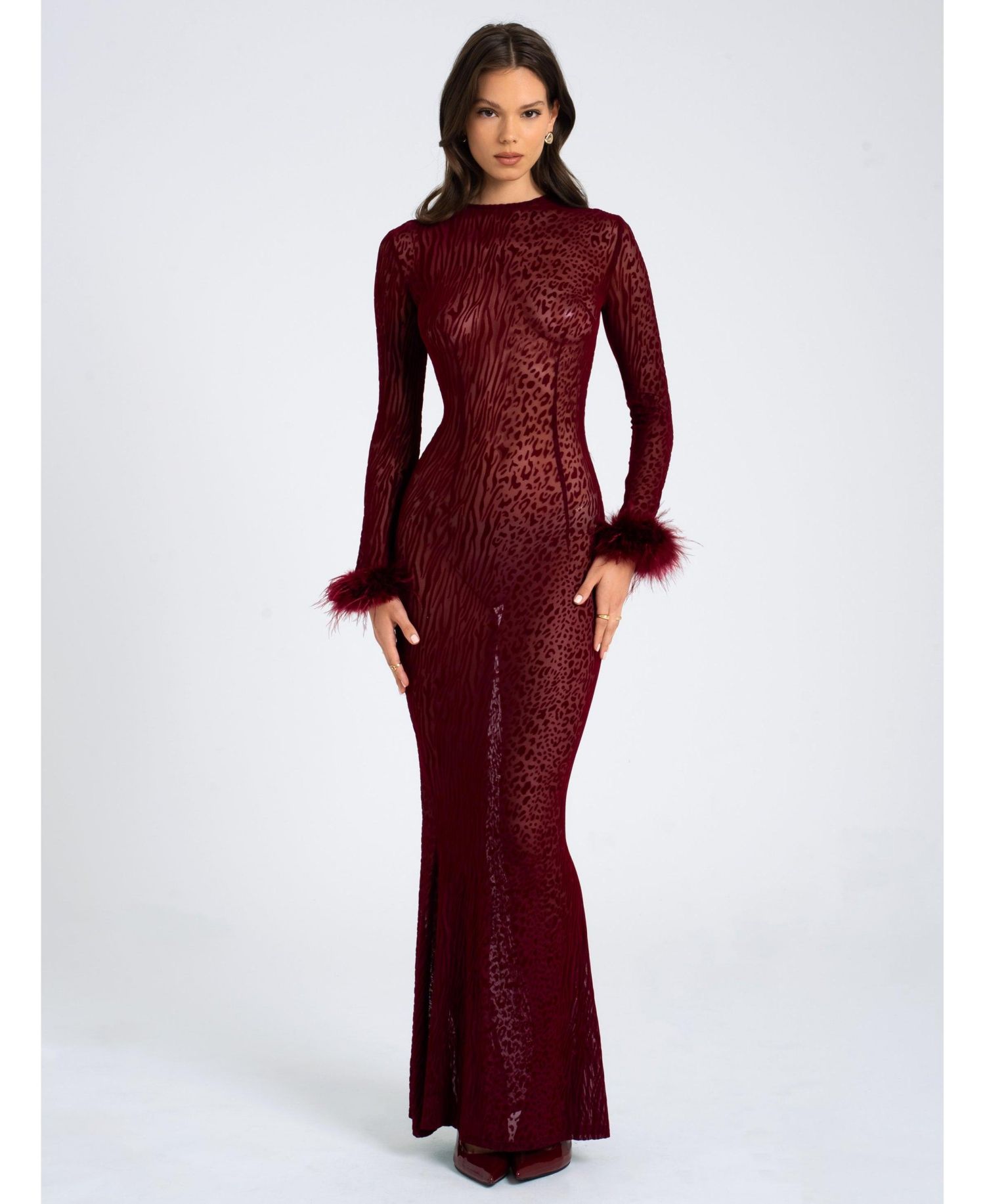 Women's Patricia Burgundy Leopard Burnout Velvet Mesh Backless Maxi Dress