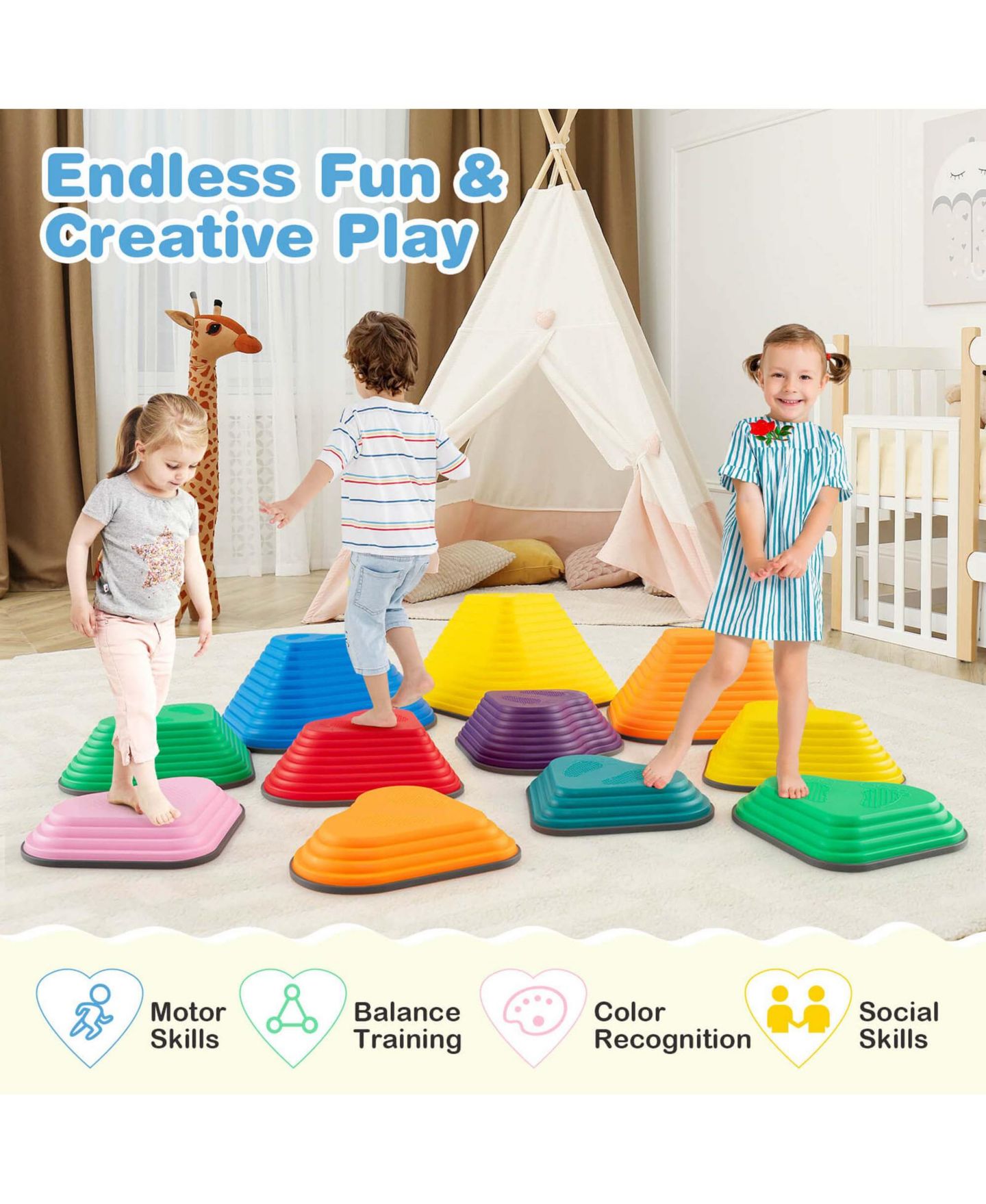 Детские игрушки Costway Heart-Shaped Non-Slip Stepping Stones, 11-Piece Set, Ages 3+, цвет: Жёлтый — фото 8