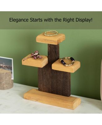 3-Tier Wooden Tabletop Jewelry Display Stand Rustic Organizer for Necklace Bracelet Watch Bangle Ring & Earring with a Sturdy Natural Wood Base Ideal for Home Retail or Craft Fair Display