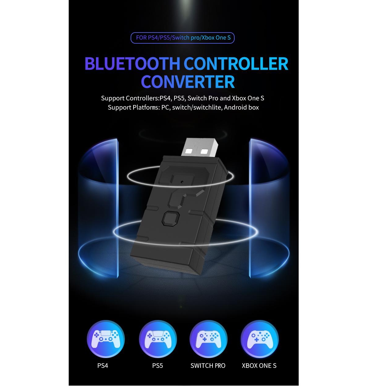 TopWolf Wireless Usb Bluetooth Controller Adapter for Nintendo Switch Oled, Switch Lite, PS5, PS4, Xbox One, Pc, Steam