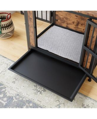 27.48'' Rustic Brown Wooden Dog Crate Table Sliding Doors Thick Iron Frame Indoor