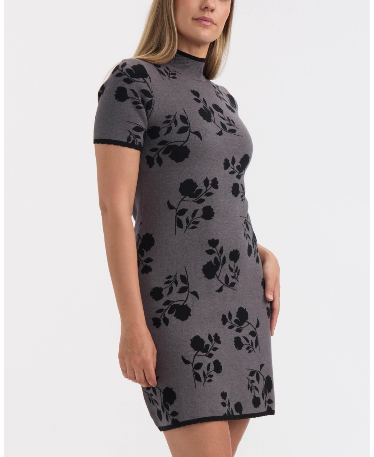 Ellen Tracy Floral Jacquard Short Sleeve Sweater Dress In Gray