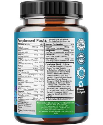 Neuro Health Brain and Focus Formula, Mental Focus Nootropic Memory Supplement for Brain Health & and Performance Blend, Nature's Craft, 90ct