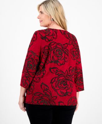 Plus Size Metallic Jacquard 3/4-Sleeve Top, Macy's Exclusive