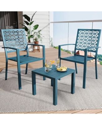 3 PCS Blue Patio Bistro Set, Outdoor Stackable Steel Chairs & Square Coffee Table for Balcony, Porch, Garden, Lawn