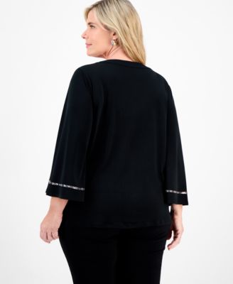 Plus Size Embellished V-Neck 3/4-Sleeve Top, Macy's Exclusive
