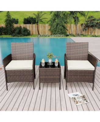 3 Pieces Brown/Beige Rattan Patio Furniture Set with Upholstered Chairs & Coffee Table for Garden, Backyard & Porch