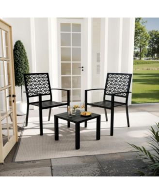 3 PCS Black Patio Bistro Set, Outdoor Stackable Steel Chairs & Square Coffee Table for Balcony, Porch, Garden, Lawn