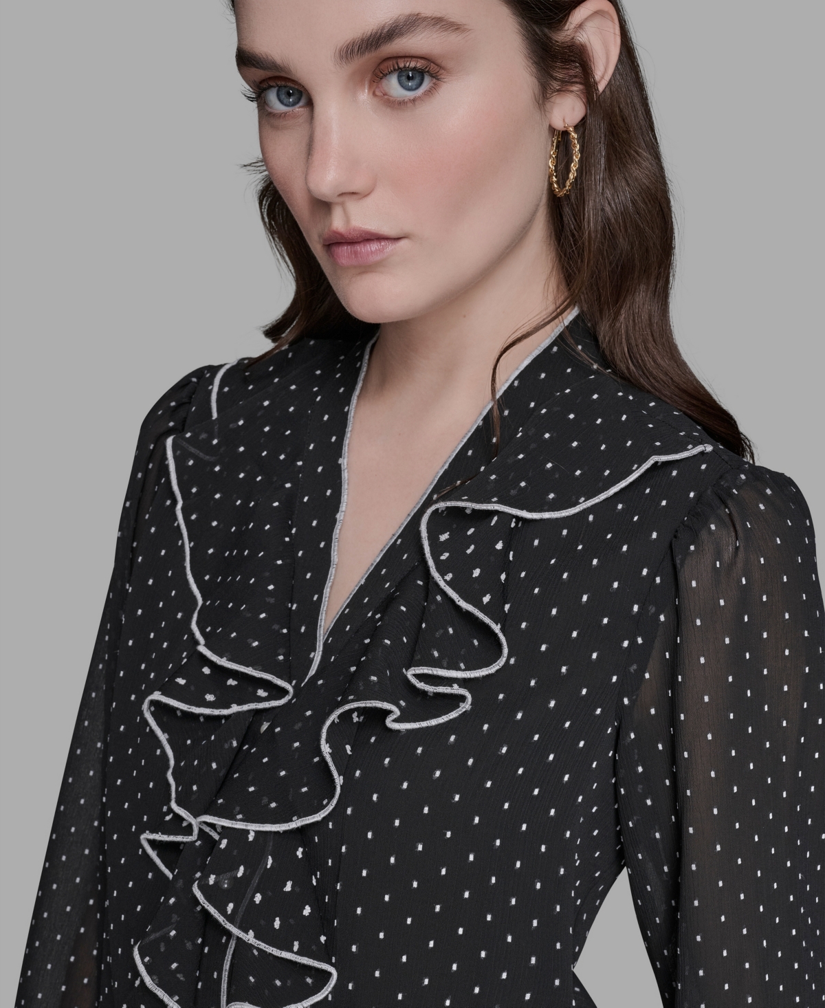 Karl Lagerfeld Women's Clip-dot Ruffled Blouse In Gray