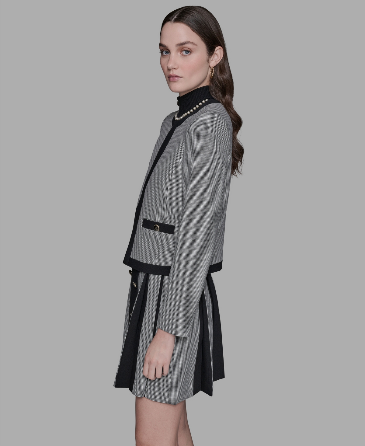 Karl Lagerfeld Womens Gingham Framed Jacket Pleated Skirt Bead Embellished Sleeveless Mock Neck Top In Gray