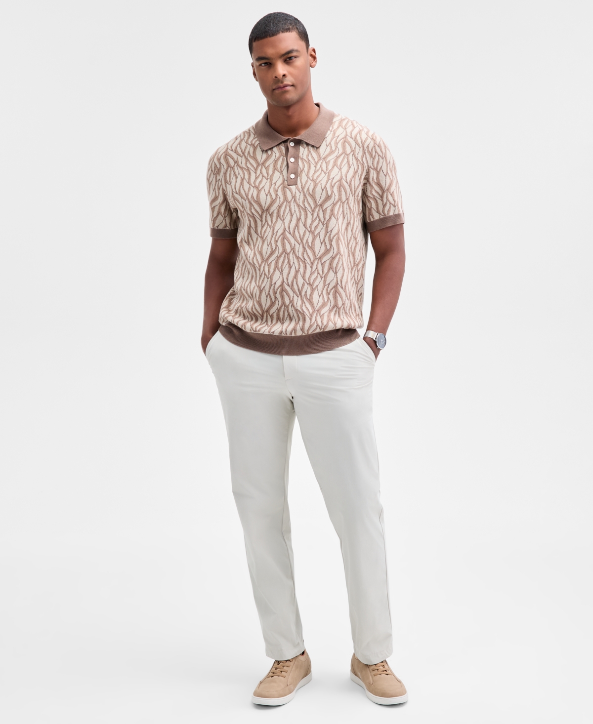 Alfani Men's Short Sleeve Birdseye Jacquard Polo Sweater, Macy's Exclusive In Brown