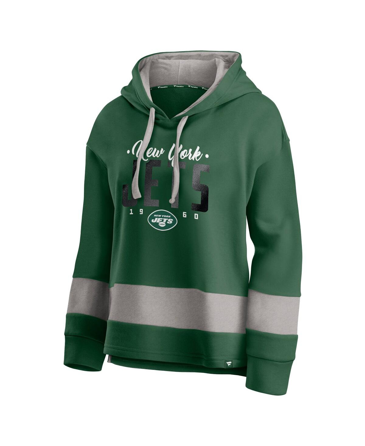 Fanatics Women's Green/gray New York Jets Huddle Up Fundamental Fleece Color Block Pullover Hoodie In Green